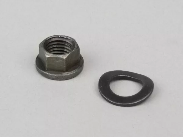 Tuerca de embrague -IMPORT- M12 x 1.50 collar Ø=18.6mm h=10mm SW=14- (se utiliza como recambio de la tuerca castillo adecuada para Vespa PX, Rally180 (VSD1T), Rally200 (VSE1T), Sprint, T5 125cc, Cosa1)