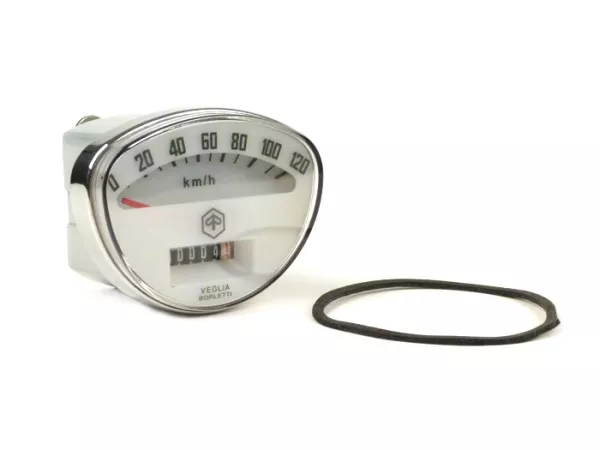 Snelheidsmeter -PIAGGIO- Vespa Rally180 (VSD1T), Rally200 (VSE1T), Sprint, PV125 - 120km/h (witte wijzerplaat, zwarte cijfers)