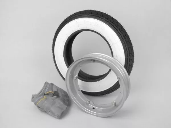 Juego completo de neumáticos -VESPA CONTINENTAL whiteewall K62- 3.50 - 10 pulgadas TT 59J (reforzado) - llanta 2.10-10 gris
