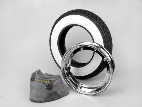 Set completo di pneumatici -VESPA CONTINENTAL whitewall K62- 3.50 - 10 pollici TT 59J (rinforzati) - cerchio 2.10-10 cromo