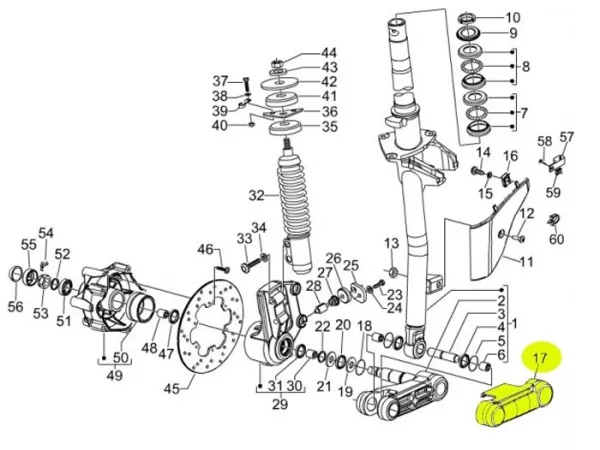 Penutup swingarm -PIAGGIO, swingarm lurus- Vespa GT 125 (ZAPM31100), Vespa GT 200 (ZAPM31200), Vespa GT 60 (ZAPM45102), Vespa GT L 125 (ZAPM31101), Vespa GT L 200 (ZAPM31200), Vespa GTS 125 (ZAPM31300, ZAPMA3100), Vespa GTS 125 i.e. Super (-2014, 2016-)