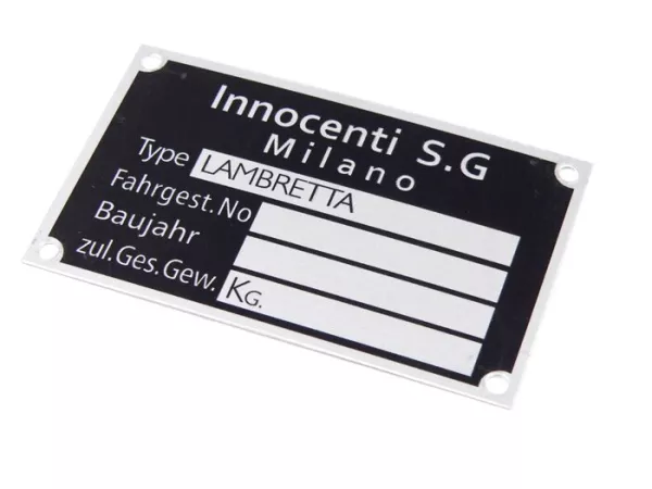 Pelat tipe -JOCKEYS BOXENSTOP- Lambretta Innocenti S.G. Milano (60x36x0,5mm)