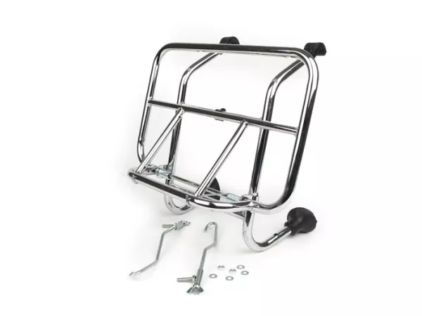 Opklapbaar bagagerek voor -MOTO NOSTRA- Vespa Smallframe V50, PV125, ET3, PK S, PK XL, PK XL2 Largeframe Rally180/200, Sprint150, TS125, GT125, GTR125, PX80, PX125, PX150, PX200 - Chroom