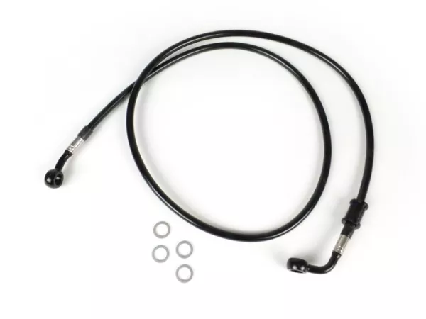 Durite de frein avant pour étrier de frein Brembo P4 30/34 -SPIEGLER durite: inox (noir), raccord: aluminium (noir)- Vespa (sans ABS) GT 125 (ZAPM311), GT 200 (ZAPM312), GT L 125 (ZAPM311), GT L 200 (ZAPM312), GTS 125 (ZAPM313), GTS 250 (ZAPM451), GTS 125