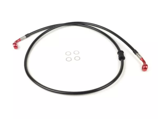 Brake hose, front, for brake caliper Brembo P4 30/34 -SPIEGLER hose: stainless steel (black), fitting: aluminium (red)- Vespa (without ABS) GT 125 (ZAPM311), GT 200 (ZAPM312), GT L 125 (ZAPM311), GT L 200 (ZAPM312), GTS 125 (ZAPM313), GTS 250 (ZAPM451), G