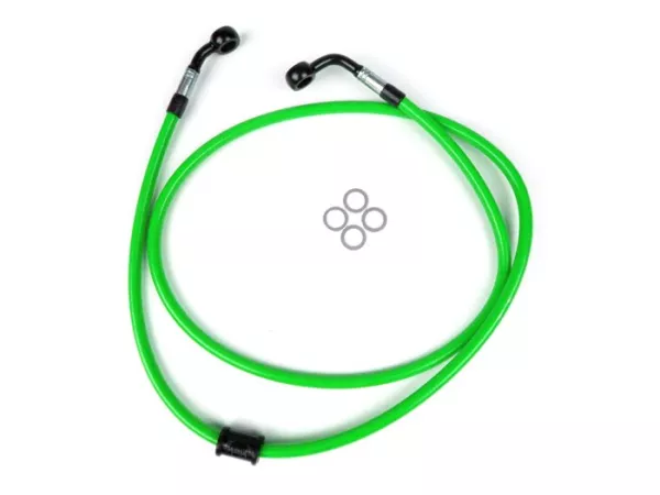 Brake hose, front, for brake caliper Brembo P4 30/34 -SPIEGLER hose: stainless steel (green), fitting: aluminium (black)- Vespa (without ABS) GT 125 (ZAPM311), GT 200 (ZAPM312), GT L 125 (ZAPM311), GT L 200 (ZAPM312), GTS 125 (ZAPM313), GTS 250 (ZAPM451),