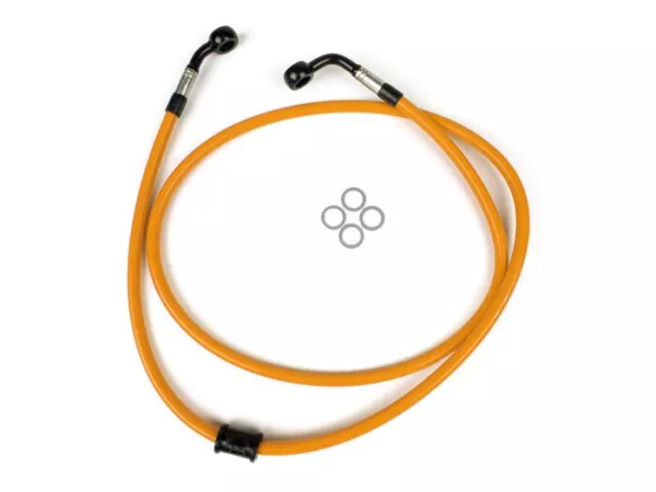 Brake hose, front, for brake caliper Brembo P4 30/34 -SPIEGLER hose: stainless steel (orange), fitting: aluminium (black)- Vespa (without ABS) GT 125 (ZAPM311), GT 200 (ZAPM312), GT L 125 (ZAPM311), GT L 200 (ZAPM312), GTS 125 (ZAPM313), GTS 250 (ZAPM451)
