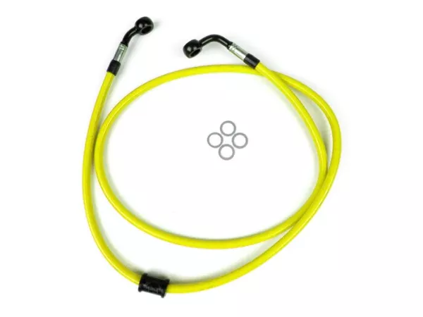 Durite de frein avant pour étrier de frein Brembo P4 30/34 -SPIEGLER durite: inox (jaune), raccord: aluminium (noir)- Vespa (sans ABS) GT 125 (ZAPM311), GT 200 (ZAPM312), GT L 125 (ZAPM311), GT L 200 (ZAPM312), GTS 125 (ZAPM313), GTS 250 (ZAPM451), GTS 12