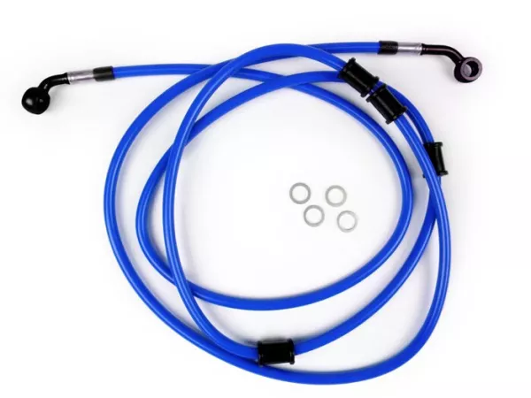 Durite de frein arrière pour étrier de frein Brembo P32G, P34G, Frando -SPIEGLER durite: inox (bleu), raccord: aluminium (noir)- Vespa (sans ABS) GTS 250 (ZAPM451), GTS 125 i.e. (ZAPM453), GTS 300 i.e. (ZAPM452)