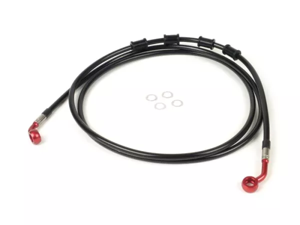 Durite de frein arrière pour étrier de frein Brembo P32G, P34G, Frando -SPIEGLER durite: inox (noir), raccord: aluminium (rouge)- Vespa (sans ABS) GTS 250 (ZAPM451), GTS 125 i.e. (ZAPM453), GTS 300 i.e. (ZAPM452)