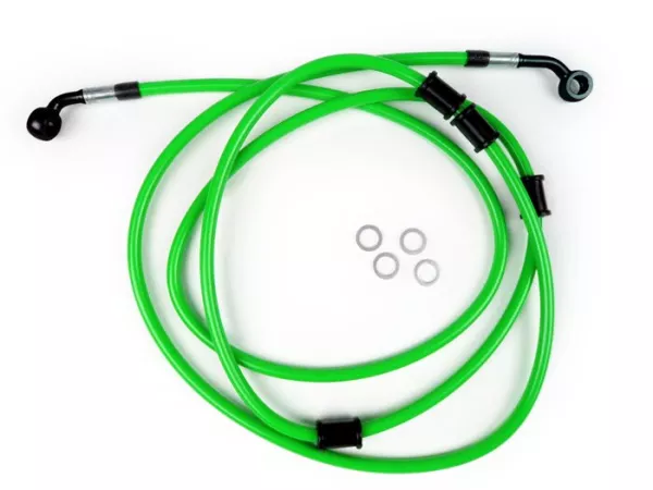 Durite de frein arrière pour étrier de frein Brembo P32G, P34G, Frando -SPIEGLER durite: inox (vert), raccord: aluminium (noir)- Vespa (sans ABS) GTS 250 (ZAPM451), GTS 125 i.e. (ZAPM453), GTS 300 i.e. (ZAPM452)
