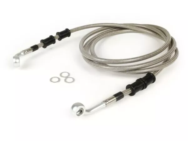 Durite de frein arrière pour étrier de frein Brembo P32G, P34G, Frando -SPIEGLER durite: inox (transparent), raccord: aluminium (argenté)- Vespa (sans ABS) GTS 250 (ZAPM451), GTS 125 i.e. (ZAPM453), GTS 300 i.e. (ZAPM452)
