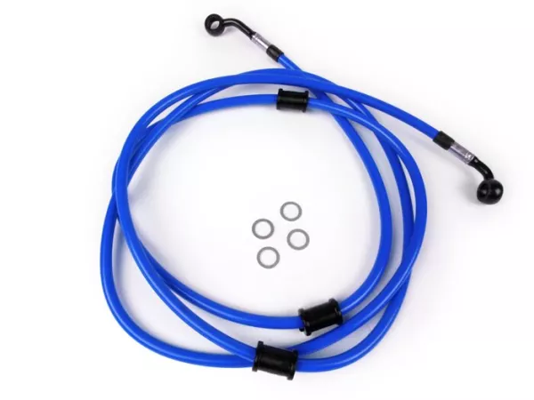 Brake hose, rear, for caliper Brembo P32G, P34G, Frando -SPIEGLER hose: stainless steel (blue), fitting: aluminium (black)- Vespa GT 125 (ZAPM311), GT 200 (ZAPM312), GT L 125 (ZAPM311), GT L 200 (ZAPM312), GTS 125 (ZAPM313)