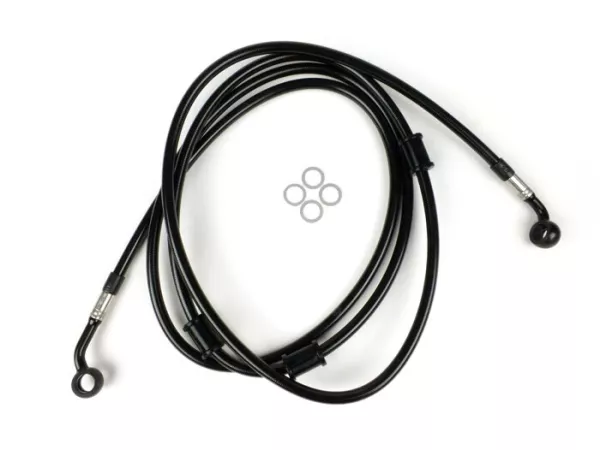 Brake hose, rear, for brake caliper Brembo P32G, P34G, Frando -SPIEGLER hose: stainless steel (black), fitting: aluminium (black)- Vespa GT 125 (ZAPM311), GT 200 (ZAPM312), GT L 125 (ZAPM311), GT L 200 (ZAPM312), GTS 125 (ZAPM313)