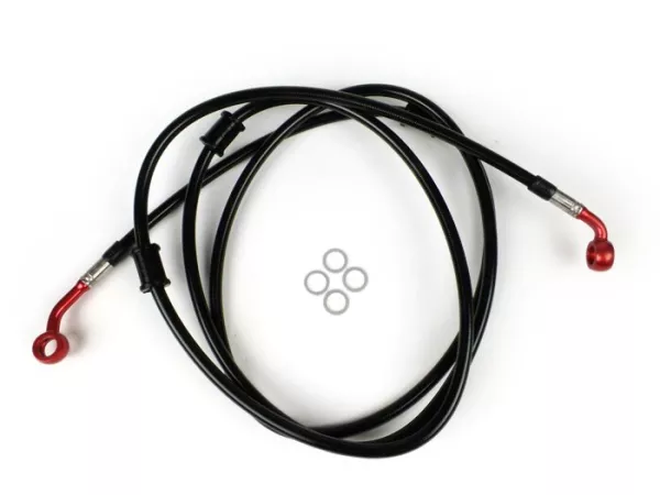 Brake hose, rear, for brake caliper Brembo P32G, P34G, Frando -SPIEGLER hose: stainless steel (black), fitting: aluminium (red)- Vespa GT 125 (ZAPM311), GT 200 (ZAPM312), GT L 125 (ZAPM311), GT L 200 (ZAPM312), GTS 125 (ZAPM313)