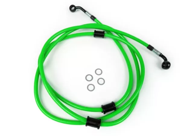 Brake hose, rear, for brake caliper Brembo P32G, P34G, Frando -SPIEGLER hose: stainless steel (green), fitting: aluminium (black)- Vespa GT 125 (ZAPM311), GT 200 (ZAPM312), GT L 125 (ZAPM311), GT L 200 (ZAPM312), GTS 125 (ZAPM313)
