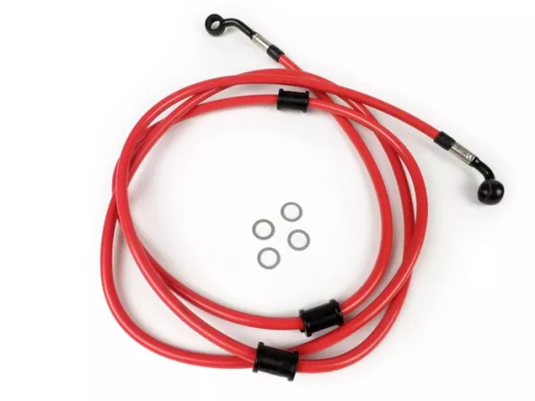 Brake hose, rear, for brake caliper Brembo P32G, P34G, Frando -SPIEGLER hose: stainless steel (red), fitting: aluminium (black)- Vespa GT 125 (ZAPM311), GT 200 (ZAPM312), GT L 125 (ZAPM311), GT L 200 (ZAPM312), GTS 125 (ZAPM313)
