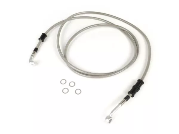 Brake hose, rear, for brake caliper Brembo P32G, P34G, Frando -SPIEGLER hose: stainless steel (transparent), fitting: aluminium (silver)- Vespa (without ABS) GT 125 (ZAPM311), GT 200 (ZAPM312), GT L 125 (ZAPM311), GT L 200 (ZAPM312), GTS 125 (ZAPM313)