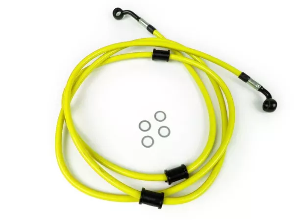Selang rem belakang untuk kaliper rem Brembo P32G, P34G, Frando -Selang Spiegel: baja tahan karat (kuning), fitting: aluminium (hitam) - Vespa GT 125 (ZAPM311), GT 200 (ZAPM312), GT L 125 (ZAPM311), GT L 200 (ZAPM312), GTS 125 (ZAPM313)
