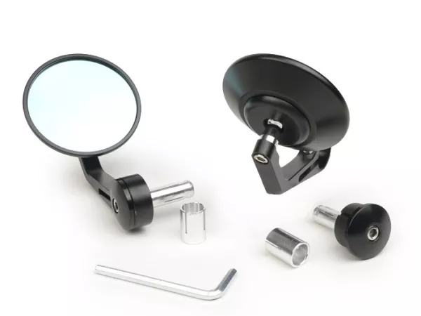 Spiegelset -CNC-stuureinden- Ø=80mm convex, blauw glas - zwart