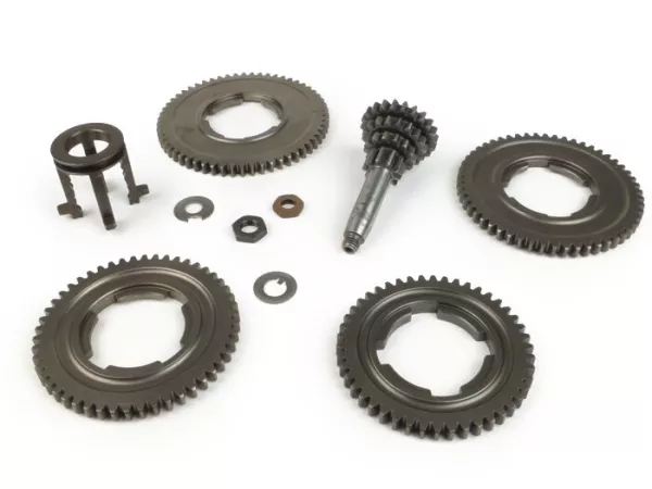 Versnellingsbak -CIF versnelling- Vespa V50, V90, 50N, PV125, ET3, SS50, SS90, PK S, PK XL1, PK XL2, ETS - (46, 50, 54, 58 tanden) - tandwielset incl. hulpas en schakelklauw