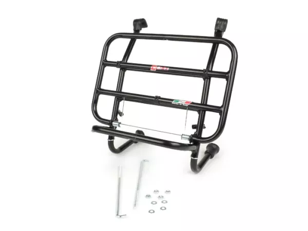 Front rack, fold down -FACO medium distance from the legshield- Vespa Smallframe V50, PV125, ET3,  Vespa Largeframe Rally180, Vespa Rally200, Sprint150, TS125, GT125, GTR125, Vespa PX80, PX125, PX150, PX200 - black