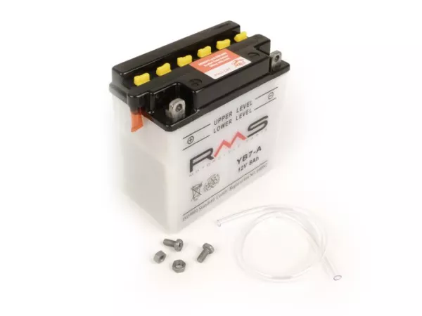 Batería -Standard RMS YB7-A- 12V 8Ah - 135x75x133mm (sin ácido) - Vespa Cosa125, Cosa200 (sin Elestart), PX80 E Lusso, PX125 E Lusso, PX150 E Lusso, PX200 E Lusso (todas sin Elestart), PK50 / PK80 / PK125 XL / XL2 Elestart, Piaggio SKR125, TPH125