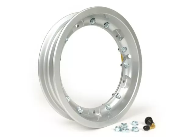 Roda -PINASCO, V2.0, tubeless 2.10-10 inci aluminium, split- Vespa (tipe PX) - Vespa Smallframe V50, 50N, Special, PV, ET3, PK50-125 (S/XL/XL2), Largeframe PX, T5, Sprint, Rally, GT/GTR, LML Star, Deluxe - Silver