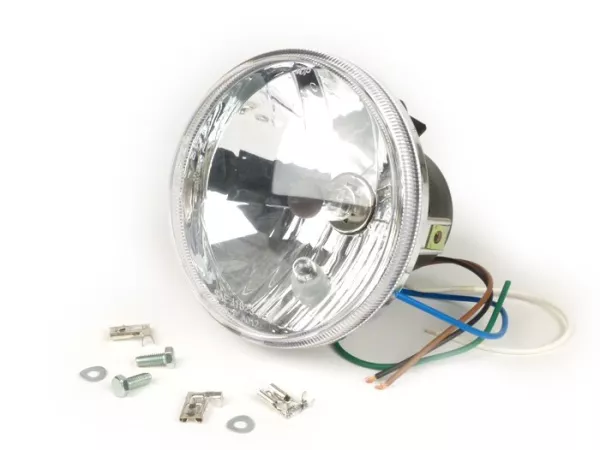 Koplamp -OEM KWALITEIT helder glas- Ø=120mm - 12V 35/35W HS1 (H4) - met E9 markering - voor ombouw van o.a. Lambretta LI/TV (series 1-3), Jet, Vespa SS50, SS90, PV125, ET3, Super, VNB, VBA, VBB, GS150 / GS3, GS160 / GS4 (VSB1T), VGLA, VGLB