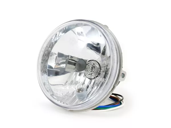 Optique de phare -UNIVERSEL cabochon pas strié- Ø=120mm - 12V 35/35W HS1 (H4) - Vespa PV125 (VMA1T, VMA2T), ET3 (VMB1T), Super (VNC1T, VBC1T), SS50 (V5SS1T), SS90 (V9SS1T)