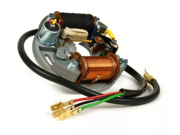 Ignition -VESPA base plate (contact ignition, 3 cables, 6V, 2 coils, short contacts)- Vespa V50 - 50 N, 50 L, 50 R, 50 Special (V5A2T, V5B1T) - internal ignition coil