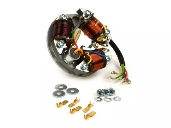 Encendido - Placa base Vespa (encendido por contacto, 5 cables, 6V, 3 bobinas, contactos largos, sin intermitentes)- Vespa V90 (V9A1T), 90 Racer (V9SS2T), SS90 (V9SS1T), V100 (UK/US, V9B1T), V125 (VMA1T), PV 125 (VMA2T)