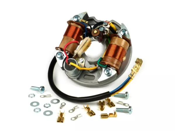 Encendido -placa base Vespa (encendido por contacto, 5 cables, 6V, 2 bobinas, contactos cortos)- Vespa V50 - 50 S, 50 SS, 50 SR - bobina de encendido externa, con función de luz de freno/luz de carretera
