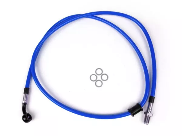 Latiguillo de freno delantero a pinza Brembo P4 30/34 - Latiguillo SPIEGLER: acero inoxidable (azul), racor: aluminio (negro)- Vespa (con ABS) GTS 125i.e. Super ABS (ZAPM45300, ZAPM45301), Vespa GTS 300 ABS (ZAPM45200, ZAPM45202), Vespa GTS 300i.e. Super