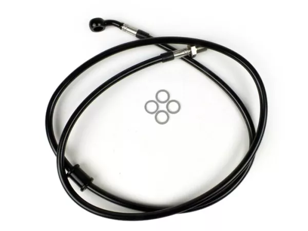 Latiguillo de freno delantero a pinza Brembo P4 30/34 - Latiguillo SPIEGLER: acero inoxidable (negro), racor: aluminio (negro)- Vespa (con ABS) GTS 125i.e. Super ABS (ZAPM45300, ZAPM45301), Vespa GTS 300 ABS (ZAPM45200, ZAPM45202), Vespa GTS 300i.e. Super