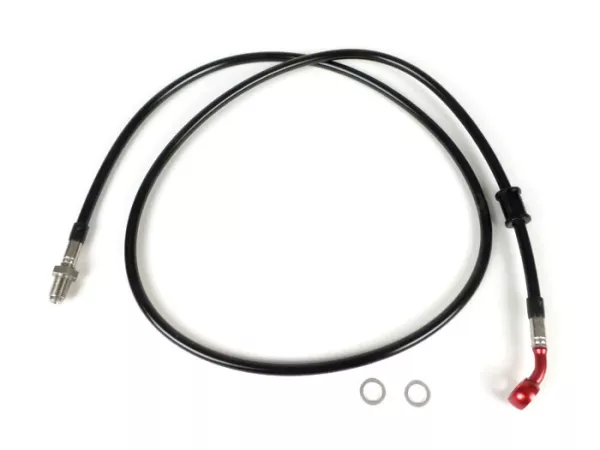 Latiguillo de freno delantero a pinza Brembo P4 30/34 - Latiguillo SPIEGLER: acero inoxidable (negro), racor: aluminio (rojo)- Vespa (con ABS) GTS 125i.e. Super ABS (ZAPM45300, ZAPM45301), Vespa GTS 300 ABS (ZAPM45200, ZAPM45202), Vespa GTS 300i.e. Super