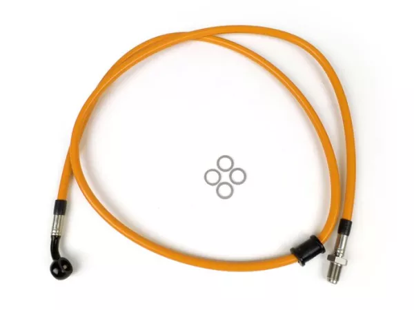 Latiguillo de freno delantero a pinza Brembo P4 30/34 - Latiguillo SPIEGLER: acero inoxidable (naranja), racor: aluminio (negro)- Vespa (con ABS) GTS 125i.e. Super ABS (ZAPM45300, ZAPM45301), Vespa GTS 300 ABS (ZAPM45200, ZAPM45202), Vespa GTS 300i.e. Sup