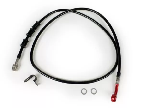 Selang rem belakang ke kaliper rem Brembo P32G, P34G, Frando -SPIEGLER Selang: baja tahan karat (hitam), fitting: aluminium (merah) - Vespa (dengan ABS) GTS 125i.e. Super ABS (ZAPM45300, ZAPM45301), Vespa GTS 300 ABS (ZAPM45200, ZAPM45202), Vespa GTS 300i