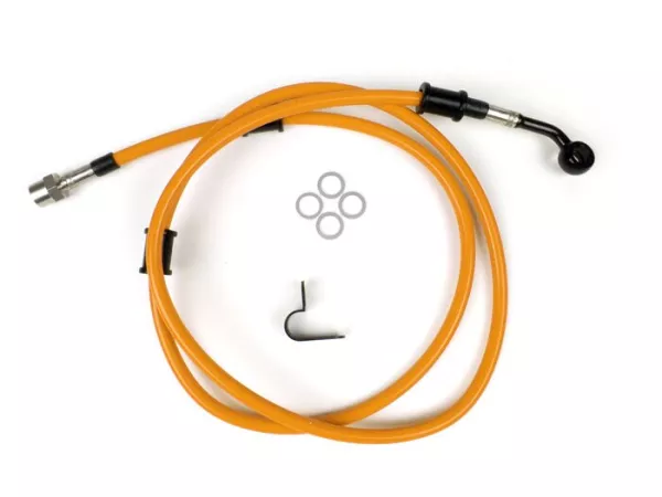 Durite de frein arrière pour étrier de frein Brembo P32G, P34G, Frando -SPIEGLER durite: inox (orange), raccord: aluminum (noir) - Vespa (avec ABS) GTS 125i.e. Super ABS (ZAPM45300, ZAPM45301), Vespa GTS 300 ABS (ZAPM45200, ZAPM45202), Vespa GTS 300i.e. S