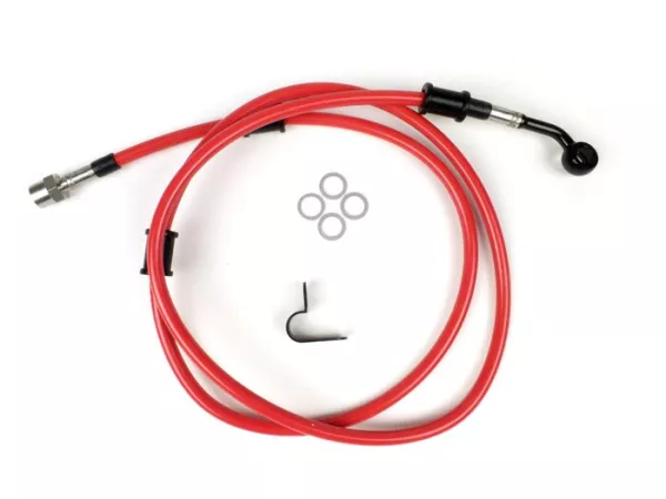 Selang rem belakang ke kaliper rem Brembo P32G, P34G, Frando -SPIEGLER Selang: baja tahan karat (merah), fitting: aluminium (hitam) - Vespa (dengan ABS) GTS 125i.e. Super ABS (ZAPM45300, ZAPM45301), Vespa GTS 300 ABS (ZAPM45200, ZAPM45202), Vespa GTS 300i