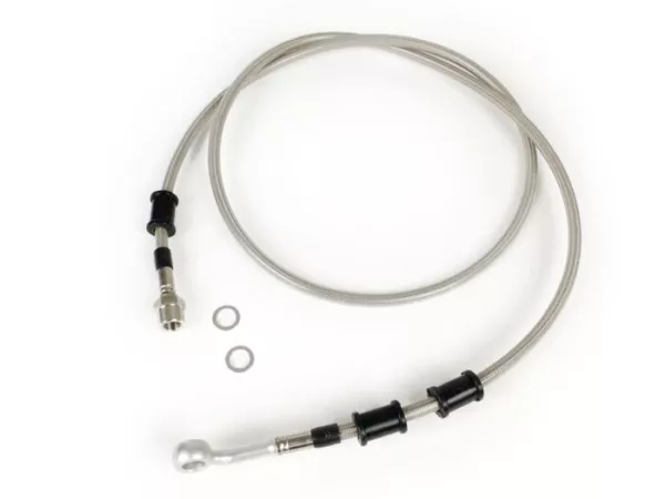 Latiguillo de freno trasero a pinza de freno Brembo P32G, P34G, Frando -SPIEGLER Latiguillo: Acero inoxidable (transparente), Racor: Aluminio (plateado)- Vespa (con ABS) GTS 125i.e. Super ABS (ZAPM45300, ZAPM45301), Vespa GTS 300 ABS (ZAPM45200, ZAPM45202