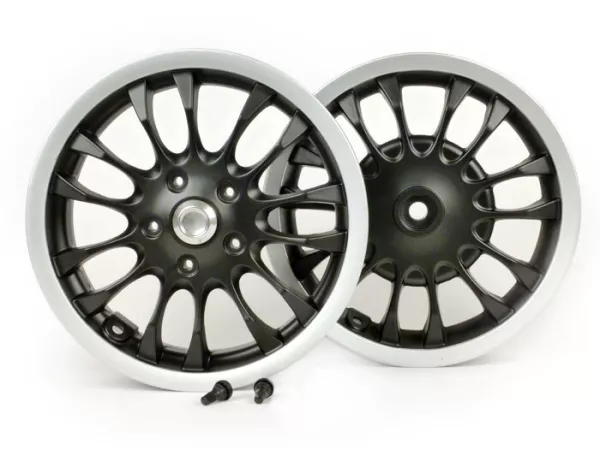 Set di cerchi -PIAGGIO 3.00-12 pollici - 14 raggi - tipo Sprint - adatto per Vespa Sprint 50 (ZAPC53101), Sprint 125, Sprint 150, Primavera 50 (ZAPC53100), Primavera 125, Primavera 150 - cerchio nero opaco/argento