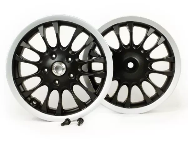 Pair of wheel rims -PIAGGIO 3.00-12 inch - 14 spokes- type Sprint - fits Vespa Sprint 50 (ZAPC53201), Primavera 50 (ZAPC53200) - matt black/silver rim