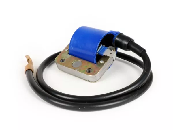 Bobina de encendido -OEM QUALITY, azul, con cable- Vespa V50, PV125, GT125 (VNL2T), GTR125 (VNL2T), TS125 (VNL3T), Sprint150 (VLB1T), GL150 (VLA1T), LML Star, Stella 125-150