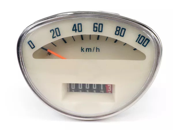 Velocímetro - CALIDAD OEM 100km/h (1965-1971 antiguo logo rectángulo)- Vespa 50 Super Sprint (SS50, V5SS1T), Super Sprint 90 (SS90, V9SS1T), 125 Nuova (VMA1T), 125 Primavera (PV125, VMA2T -22874), 125 Super (VNC1T -10399), 150 Super (VBC1T -13599) - 100km
