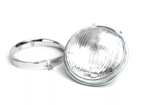 Optique de phare -VESPA Ø=115/120mm- Vespa SS50 (V5SS1T), 50SR (V5SS2T), SS90 (V9SS1T), 90 Racer (V9SS2T), PV125 (VMA1T, VMA2T), ET3 VMB1T), Super (VNC1T/VBC1T) - Bilux, cerclage de phare inclus