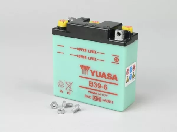 Batterij -Standaard YUASA B39-6 (6N7-1) 6V 7Ah - 126x126x48mm (zonder zuur) - Vespa Sprint150 (VLB1T) (D), VNB1T, VL3T, VB1T, VBA1T, VBB1T, GL150 (VLA1T), VGL1T, Vespa 150 T3 (VD2T) , Vespa 150 T4 (VGLA1T - VGLB1T)