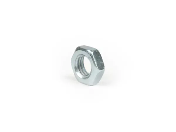Platte moer -DIN 439- M10 x 1,50 (gebruikt voor dwarsbalkbout Vespa V50, PV125, ET3, PK, gebruikt voor schokdemper/motor Vespa PX (vanaf 1984), T5 125cc, Cosa, PK S, PK XL, gebruikt voor schokdemper vooraan Rally, Sprint, GT, VBB, Breedframe GS150, VM,V