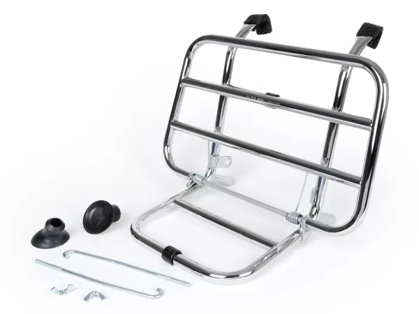 Front rack, fold down -VIGANO- Vespa Smallframe V50, PV125, ET3,  Vespa Largeframe Rally180, Vespa Rally200, Sprint150, TS125, GT125, GTR125, Vespa PX80, PX125, PX150, PX200  - chrome