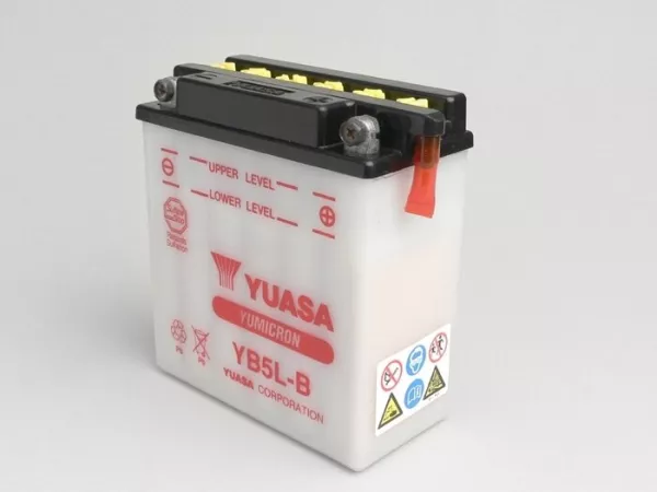 Batería -Estándar YUASA YB5L-B/12N5-3B- 12V, 5Ah - 120x60x130mm (sin ácido) - Vespa PX antigua (hasta 1984) - PX80, PX125, PX200, PK50 automática, TPH80